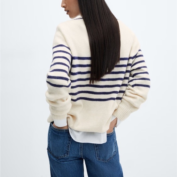 Mango Cream and Blue V-Neck Sweater with Nautical Stripes - Picture 3 of 9